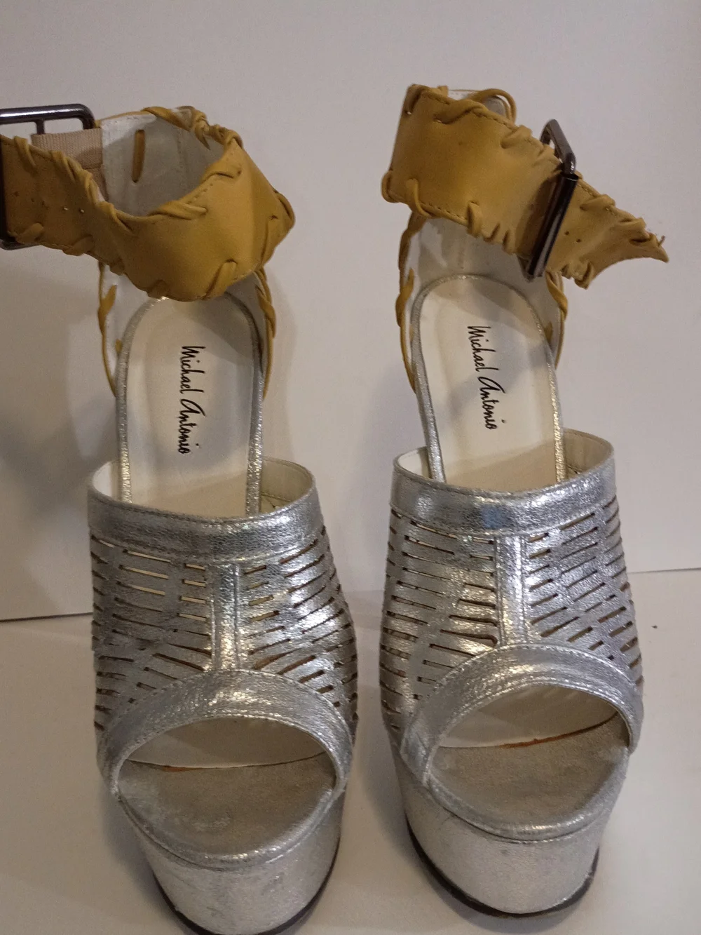 Michael Antonio Silver and Mustard Ankle-Strap Platform Sandals